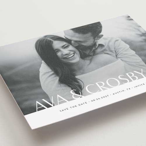 This is a obsidian petite save the dates with standard by Jennifer Postorino called bold names printing on recycled smooth signature in petite