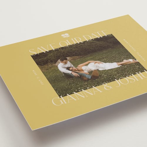 This is a summer citrus petite save the dates with standard by Vera Lim called the gallery printing on recycled smooth signature in petite