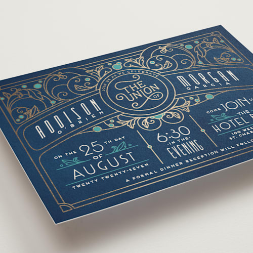 This is a goldenrod petite wedding invitations with foil pressed by GeekInk Design called ornate deco printing on signature in petite