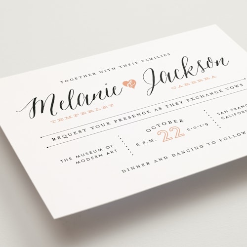 This is a petal petite wedding invitations with standard by Sarah Curry called heartbeat printing on signature in petite