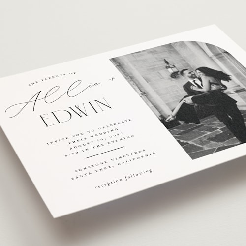 This is a pearl petite wedding invitations with standard by Christie Garcia called everly printing on signature in petite