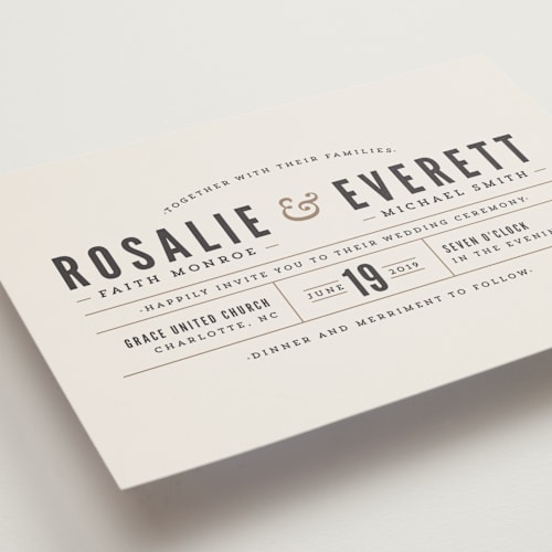 This is a mocha petite wedding invitations with standard by Melissa Egan of Pistols called classic type printing on signature in petite