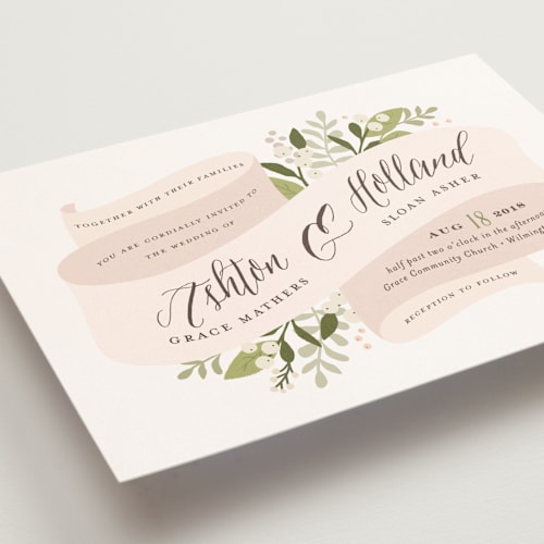 This is a blush petite wedding invitations with standard by Jennifer Wick called ribbonly printing on signature in petite