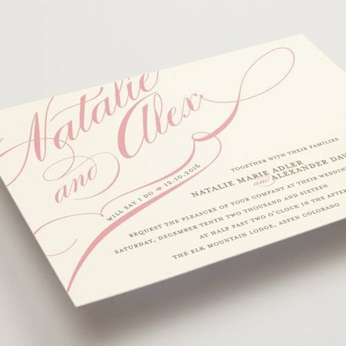 This is a petal pink petite wedding invitations with standard by Annie Clark called winter flourish printing on signature in petite