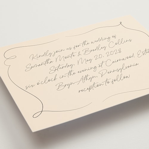 This is a champagne petite wedding invitations with standard by Wallace Design Co. called french whimsy script printing on signature in petite