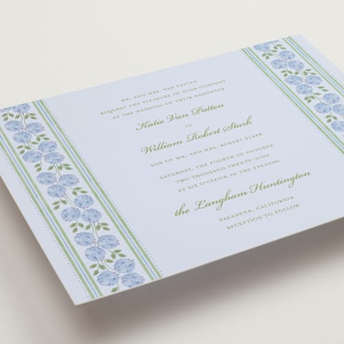 This is a coastal petite wedding invitations with standard by Madhvi Samimi called hydrangea vines printing on signature in petite