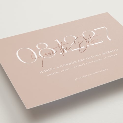 This is a blush petite save the dates with foil pressed by Jennifer Postorino called foil overlay printing on signature in petite