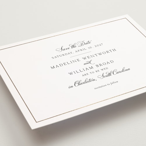 This is a black tie petite save the dates with foil pressed by Megan Davis called wentworth printing on signature in petite