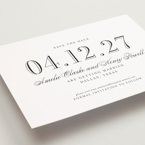 This is a tuxedo petite save the dates with standard by Megan Davis called hepburn printing on signature in petite