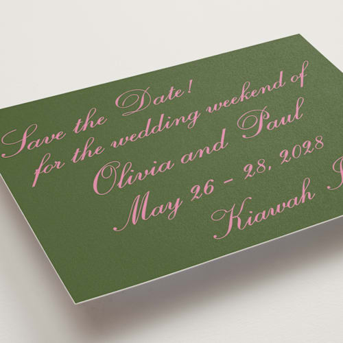 This is a moss petite save the dates with standard by Megan Davis called kiawah printing on signature in petite
