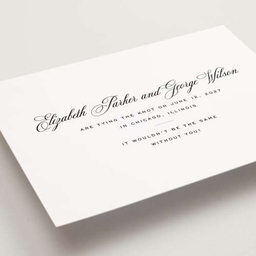 This is a pearl petite save the dates with standard by Megan Davis called cannes printing on signature in petite