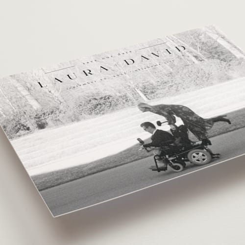 This is a midnight save the date postcards with standard by Abi de Leon called lovingly printing on signature in postcard