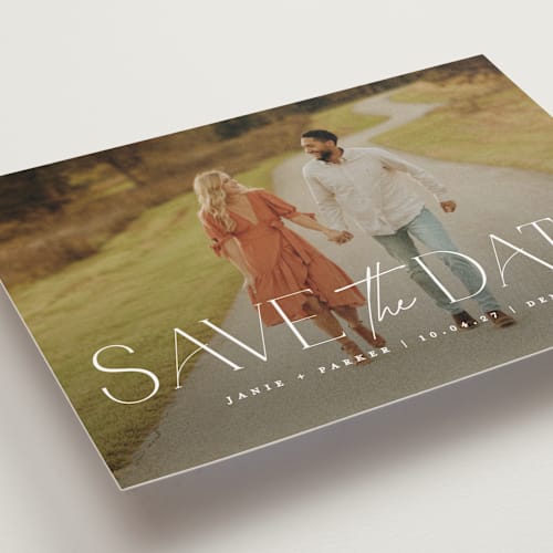 This is a pearl save the date postcards with standard by Jessica Corliss called simple elegance printing on signature in postcard