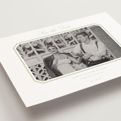 This is a mint save the date postcards with standard by Sara Hicks Malone called montgomery printing on signature in postcard