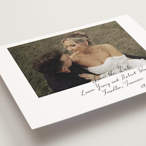 This is a snow save the date postcards with standard by Sara Hicks Malone called vintage script printing on signature in postcard