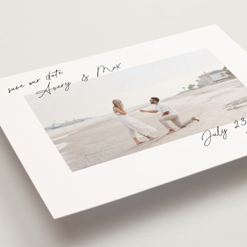 This is a pearl save the date postcards with standard by Lindsay Megahed called joyful jot printing on signature in postcard