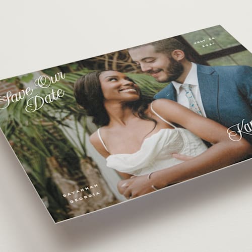 This is a cloud save the date postcards with standard by Hooray Creative called all four corners printing on signature in postcard