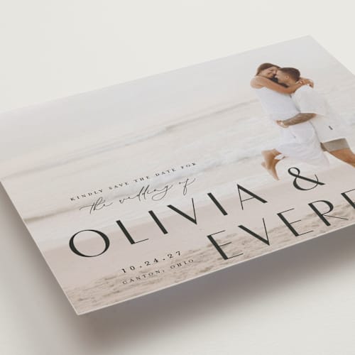 This is a onyx save the date postcards with standard by Emily Betts called modern classic names printing on signature in postcard