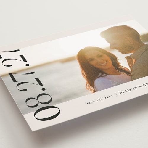 This is a ivory save the date postcards with standard by Pixel and Hank called all stacked up printing on signature in postcard