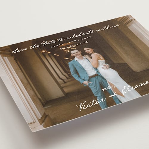 This is a ivory save the date postcards with standard by Alethea and Ruth called celebration xo printing on signature in postcard