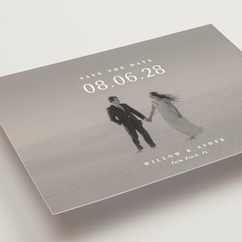 This is a moonstone save the date postcards with standard by Lucrecia Caporale called classic big date printing on signature in postcard