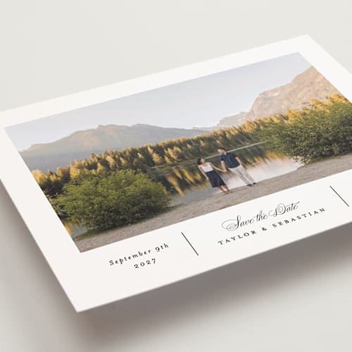 This is a alabaster save the date postcards with standard by Erica Krystek called simple columns printing on signature in postcard