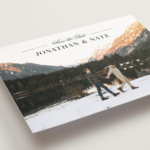 This is a onyx save the date postcards with standard by Jennifer Postorino called centered printing on signature in postcard