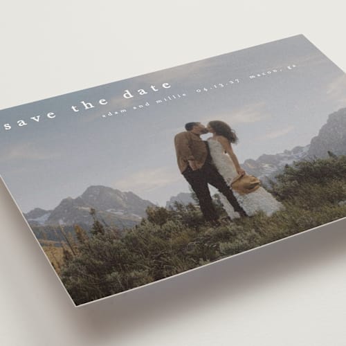 This is a cotton save the date postcards with standard by Stacey Meacham called typographic header printing on signature in postcard