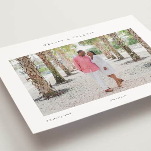 This is a charcoal save the date postcards with standard by Blustery August called simplicity printing on signature in postcard