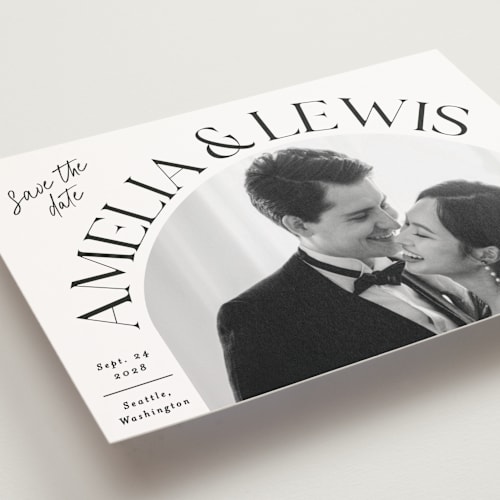 This is a ivory save the date postcards with standard by Alethea and Ruth called side curve printing on signature in postcard