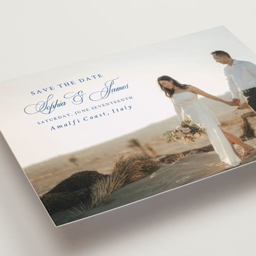 This is a blue mist save the date postcards with standard by Design Lotus called amalfi blue printing on signature in postcard