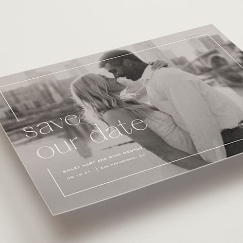 This is a lace save the date postcards with standard by Sarah Cohn called in frame printing on signature in postcard