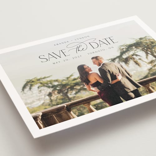 This is a cloud save the date postcards with standard by Nicole Walsh called flourish printing on signature in postcard