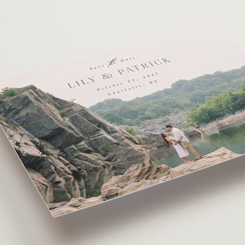 This is a charcoal save the date postcards with standard by Brandy Folse called a day to remember printing on signature in postcard