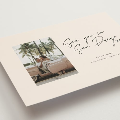This is a mellow save the date postcards with standard by Inkblot Design called heated printing on signature in postcard