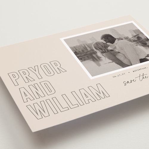 This is a blush save the date postcards with standard by Sara Hicks Malone called taken printing on signature in postcard