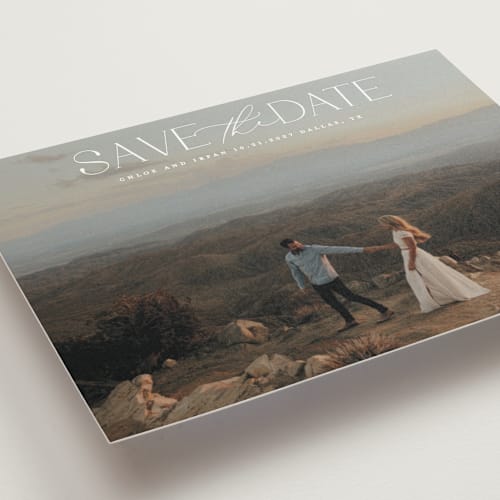 This is a ivory save the date postcards with standard by Maja Cunningham called prose printing on signature in postcard