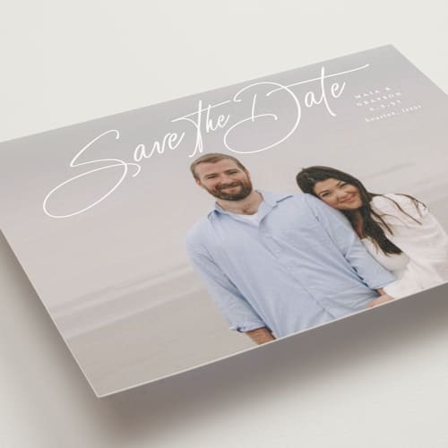 This is a snow save the date postcards with standard by Lauren Chism called sweetest love printing on signature in postcard