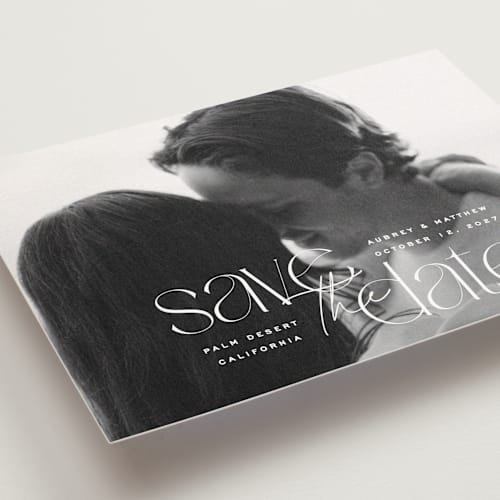 This is a moonstone save the date postcards with standard by Owl and Toad called type layers printing on signature in postcard