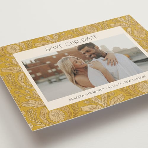This is a marigold save the date postcards with standard by Jen Owens called morris printing on signature in postcard