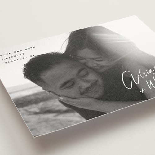 This is a cotton save the date postcards with standard by Hooray Creative called adriana printing on signature in postcard