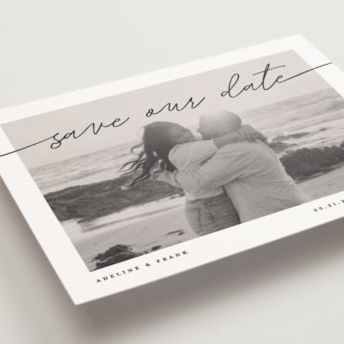 This is a tuxedo save the date postcards with standard by Pixel and Hank called simple details printing on signature in postcard