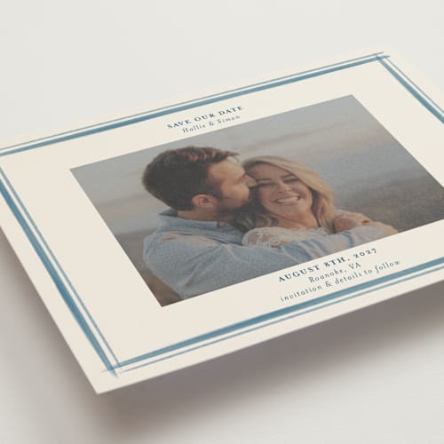 This is a indigo save the date postcards with standard by Hannah Bowman called gingham border printing on signature in postcard