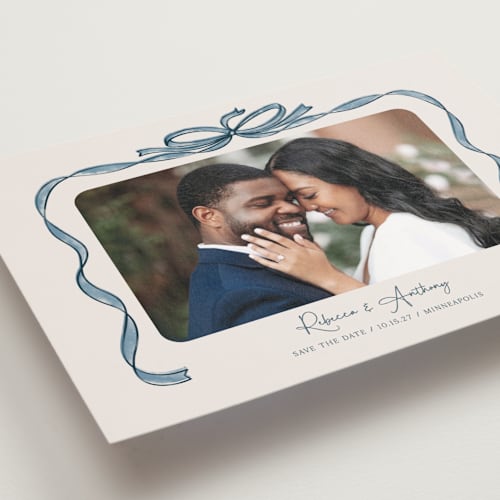 This is a blueberry save the date postcards with standard by Paper Sun Studio called tied together printing on signature in postcard