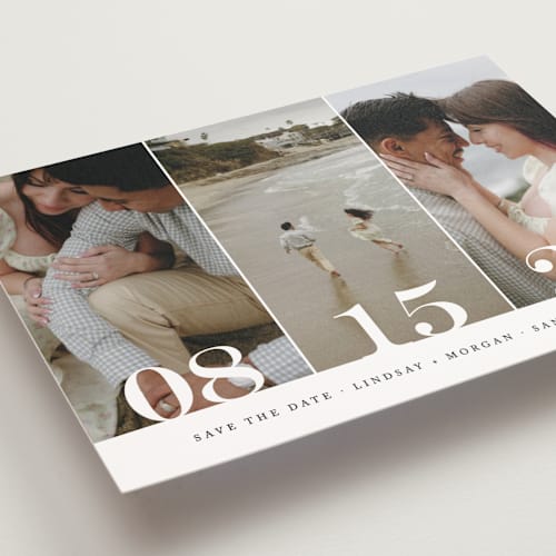 This is a noir save the date postcards with standard by Kimberly FitzSimons called trio printing on signature in postcard