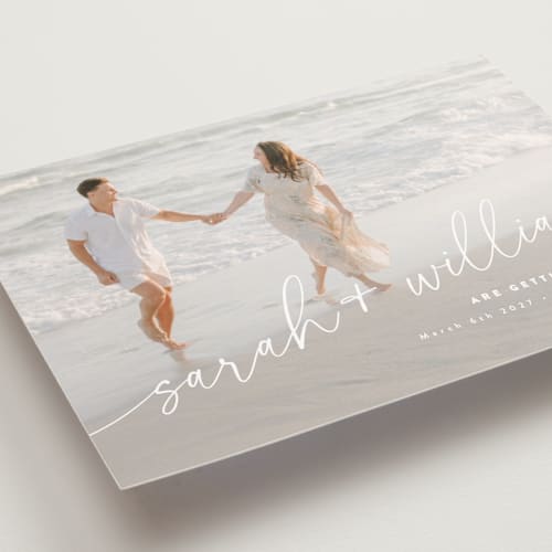 This is a ivory save the date postcards with standard by Jessie Steury called sweet script printing on signature in postcard