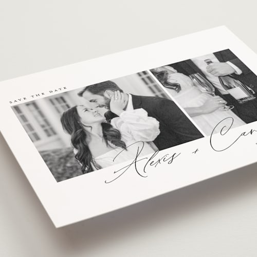 This is a noir save the date postcards with standard by Emily Betts called simple two printing on signature in postcard