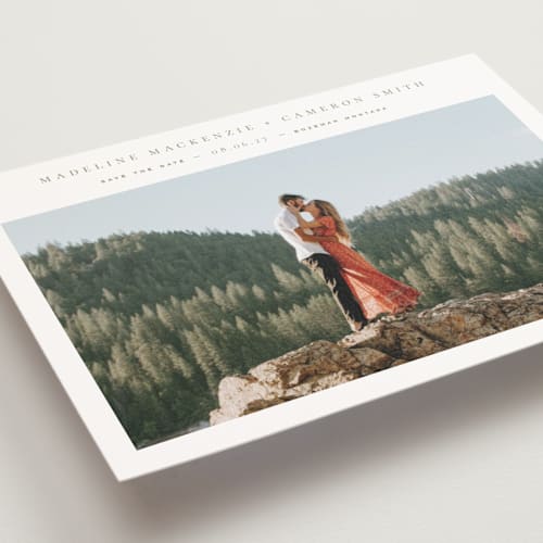 This is a eucalyptus save the date postcards with standard by Wildfield Paper Co called lake printing on signature in postcard