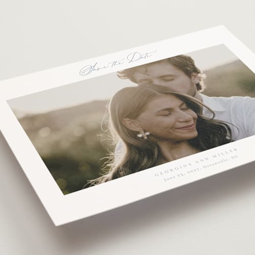 This is a dusty blue save the date postcards with standard by Stacey Meacham called modern air printing on signature in postcard
