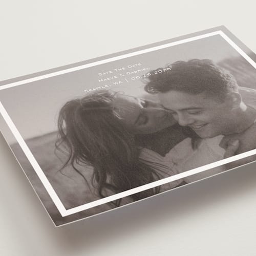 This is a quartz save the date postcards with standard by Jenny Millington called boxed in printing on signature in postcard